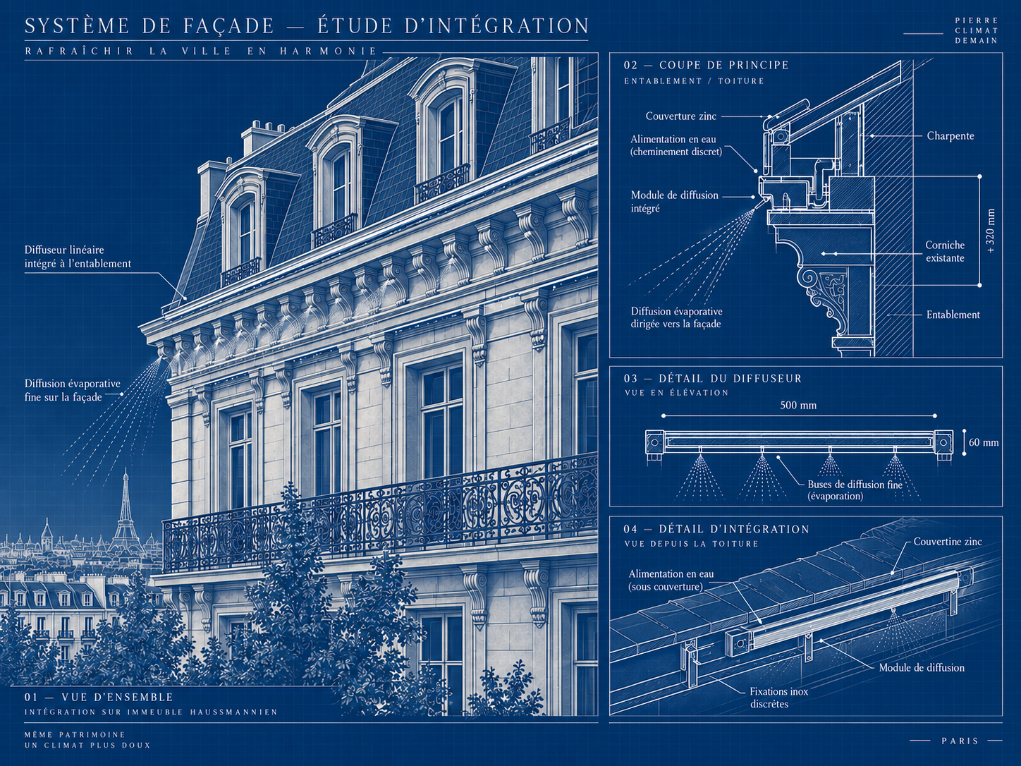 Façade cooling system integrated with a Parisian entablature