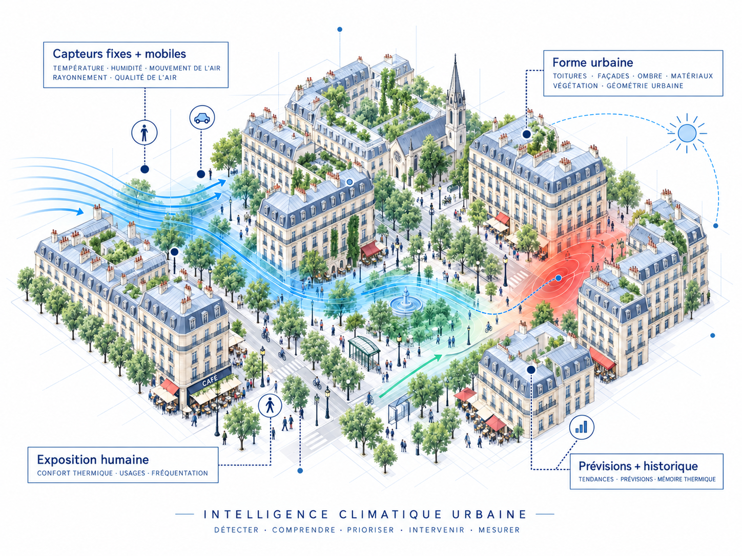 Illustration haussmannienne de l’intelligence climatique urbaine montrant capteurs fixes et mobiles, forme urbaine, exposition humaine et modélisation prédictive